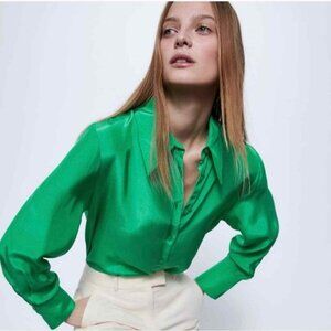 {Zara} Green Satin Style Oversized Button Down Blouse ~ Size XS